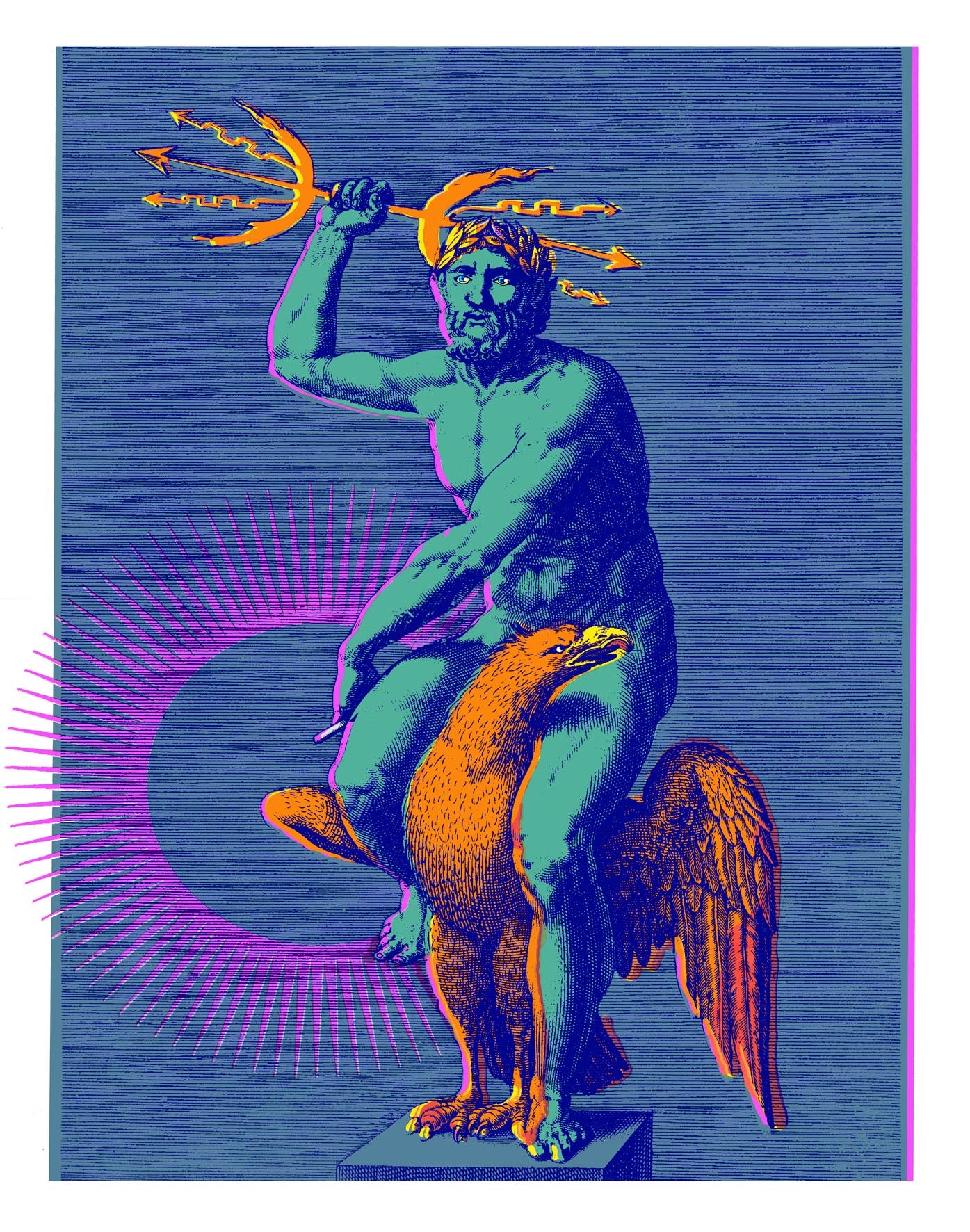 Artistic interpretation titled 'Pop God Zeus' by Christian Sedelmayer, showcasing Zeus in a modern pop art style. The artwork features Zeus in deep pastel greens, intense royal blues, and golden yellows, capturing the god's thunderous and majestic essence with a vibrant and contemporary twist, ideal for adding a mythological yet modern touch to any art collection.