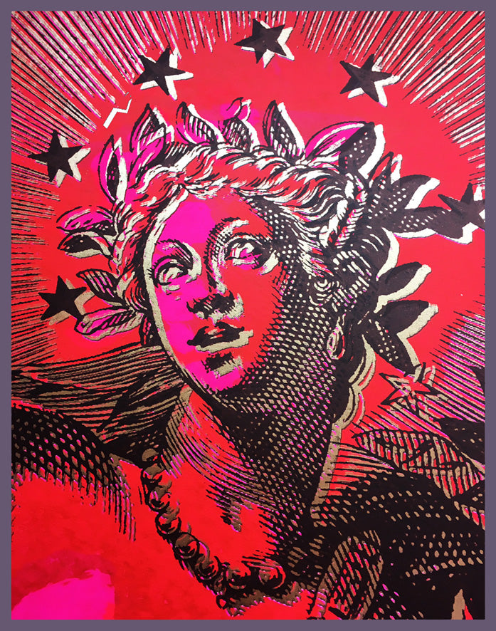 Artistic representation of the 'Lucky Goddess of Abundance', portraying a deity of prosperity adorned with a radiant halo and stars, set against a vibrant red background. This artwork combines classical symbolism with modern artistic elements to attract good fortune and positive energy, making it a striking addition to any interior space.