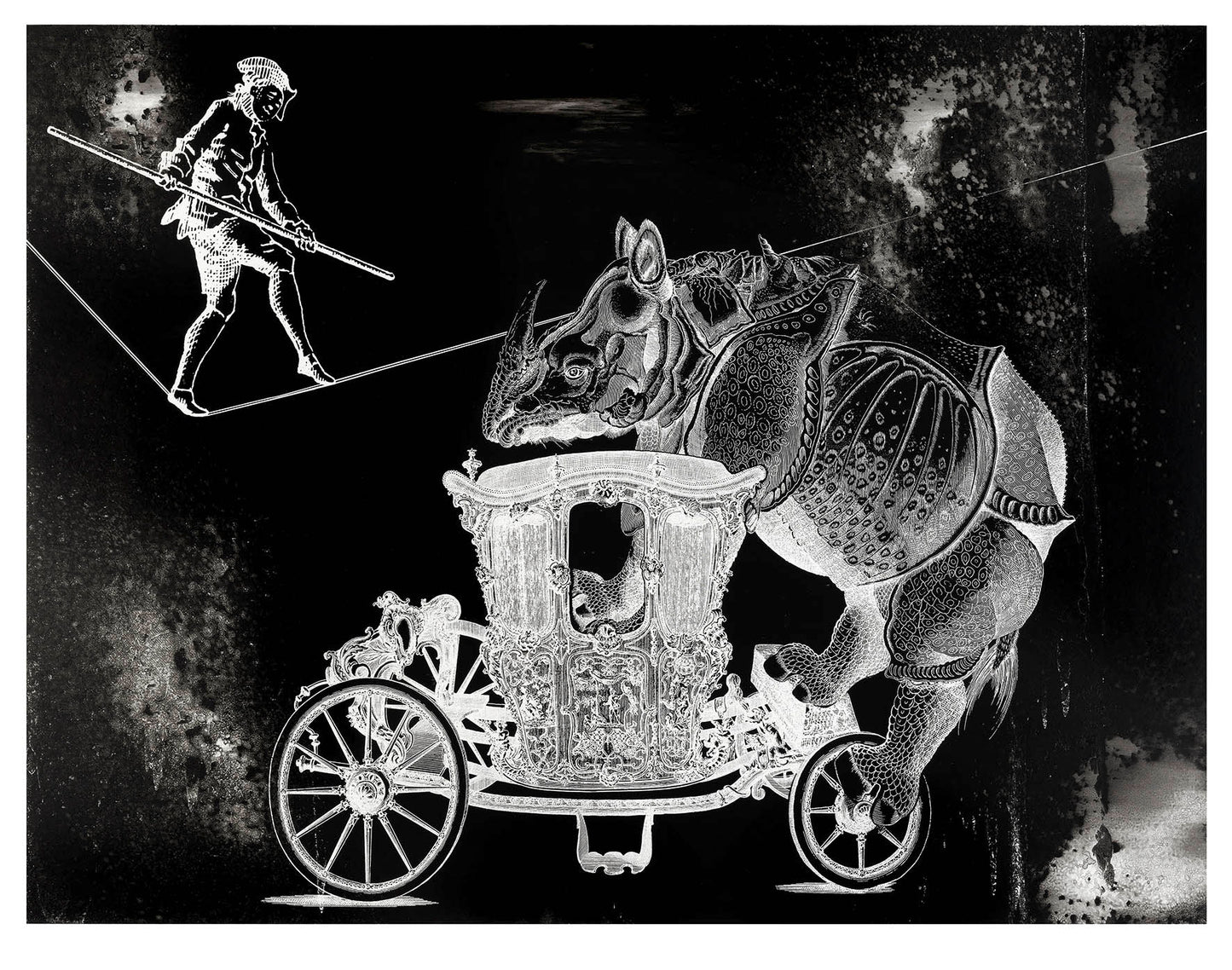 Modern interpretation of Albrecht Dürer's famous woodcut, 'Rhinoceros,' by Christian Sedelmayer, featuring a rhino merged with baroque elements and a tightrope walker. The artwork is presented in a black and white fractured negative style, highlighting the contrast between historical significance and contemporary design. This piece captures both the imaginative essence of Dürer's work and a modern artistic twist, suitable for a diverse range of art collections.